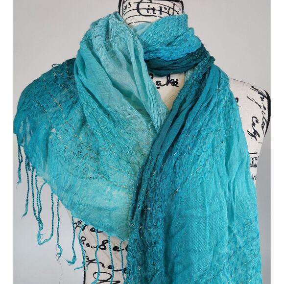 Women's Lightweight Accessory Scarf Teal Pink‎ Tassel Stripe - Set of 2 - Picture 4 of 6